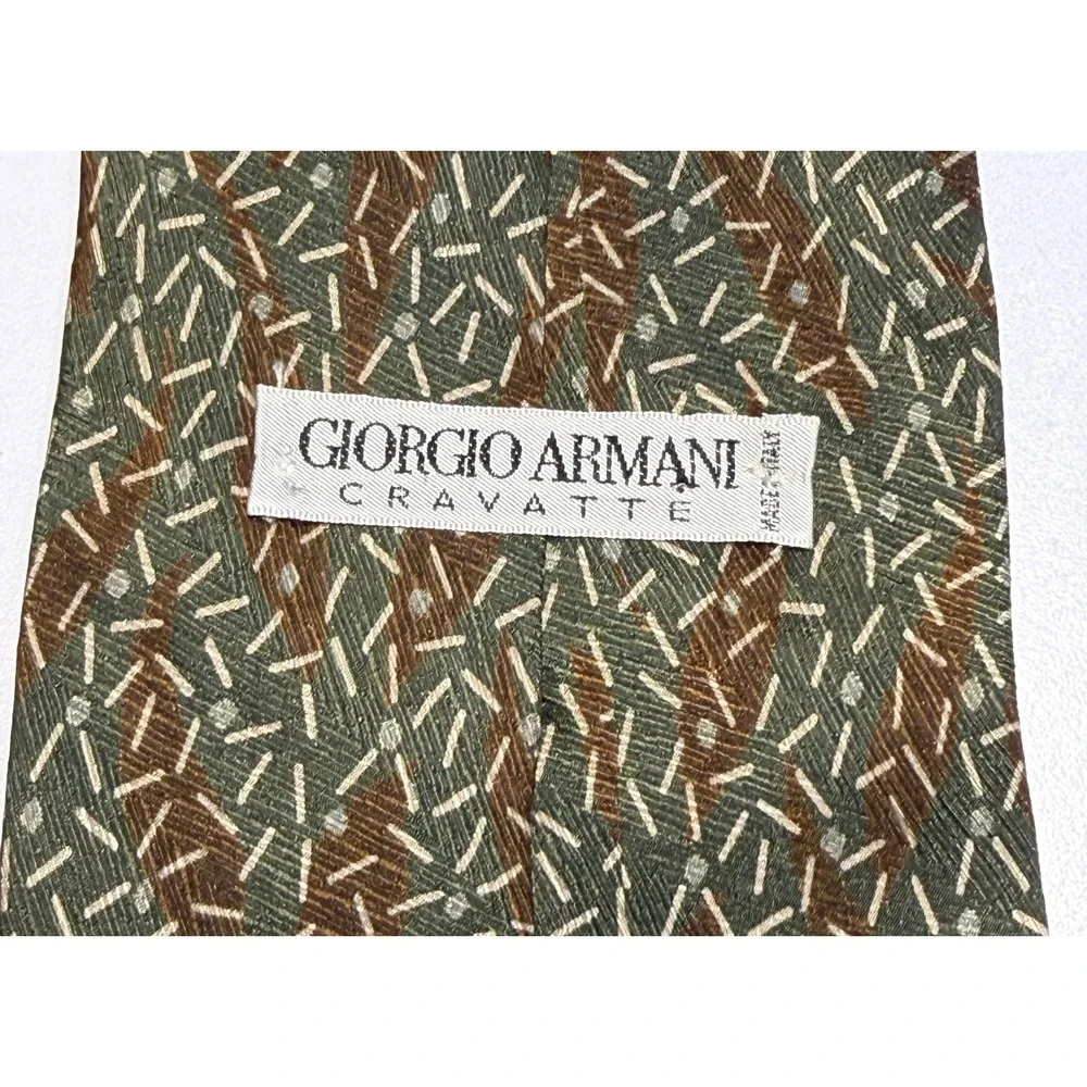 Giorgio Armani Cravatte Silk Tie Olive Green Brown Geometric Abstract Made Italy